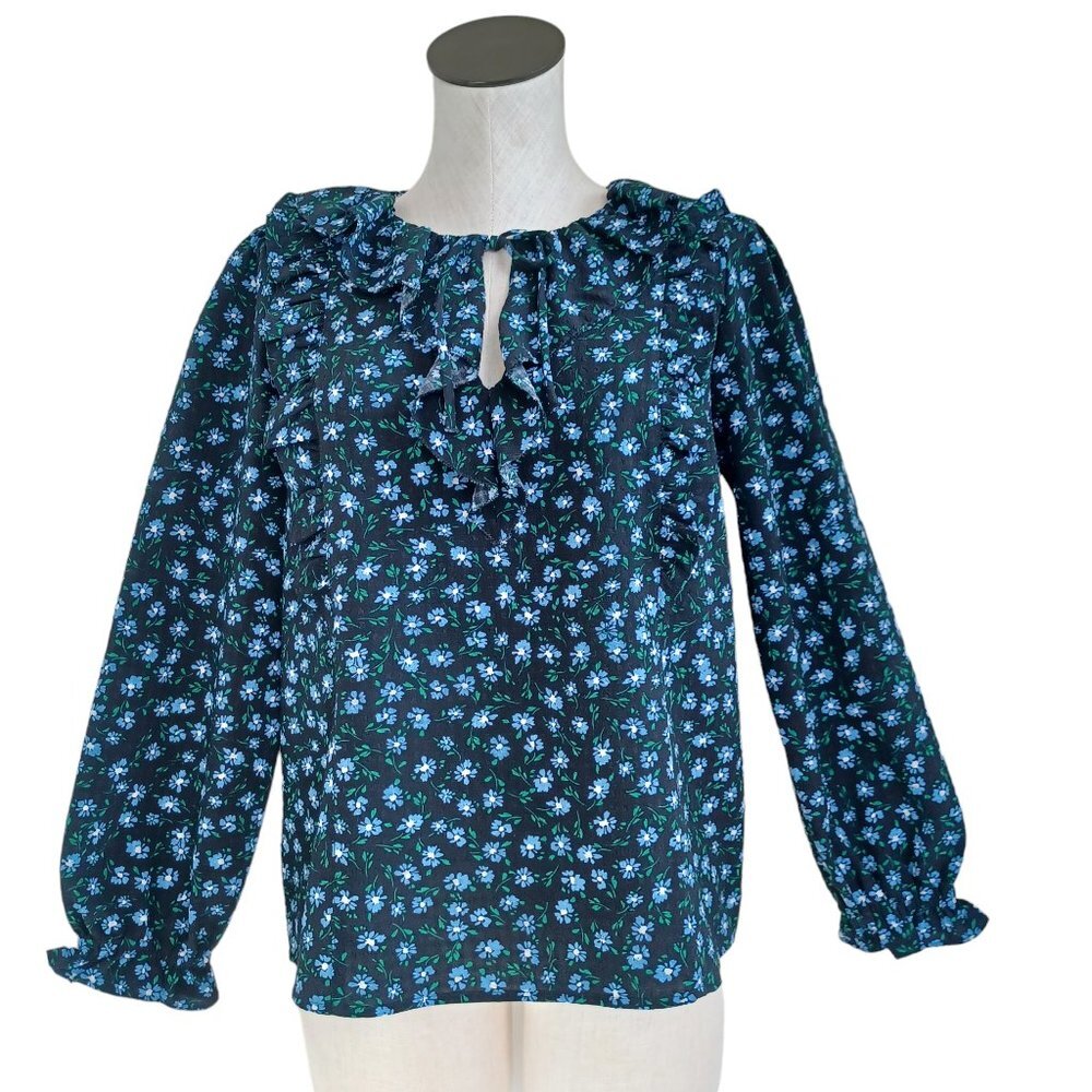 Loft Blouse Black Blue Ditsy Floral Ruffle Cottagcore Romantic Womens Petite Med